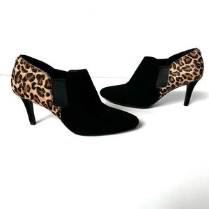 Cole Haan Raquel Suede & Calf-Hair Black and Leopard Print Heeled Ankle Bootie